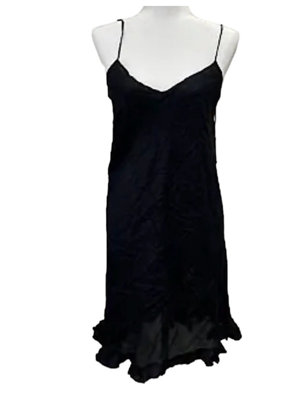Lulu Belle Black 100% Silk V-Neck Ruffle Hem Slip Dress